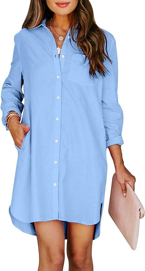 Women's button up shirt dress with pockets, cotton button up waist tied long sleeved solid color high and low shirt - Mammalook