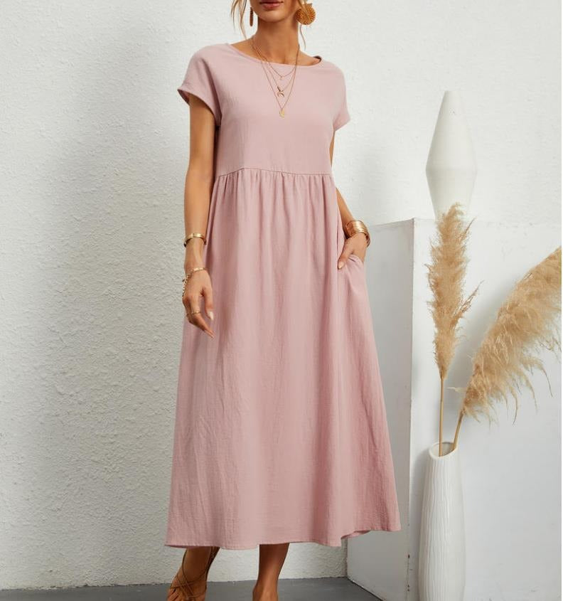 Solid color sleeveless loose pocket cotton linen dress - Mammalook