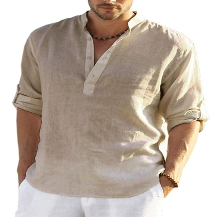 Mens Linen Long Sleeved T Shirt Loose Sweatshirt Solid Color Long Sleeved Cotton Linen Shirt Mens Large - Mammalook