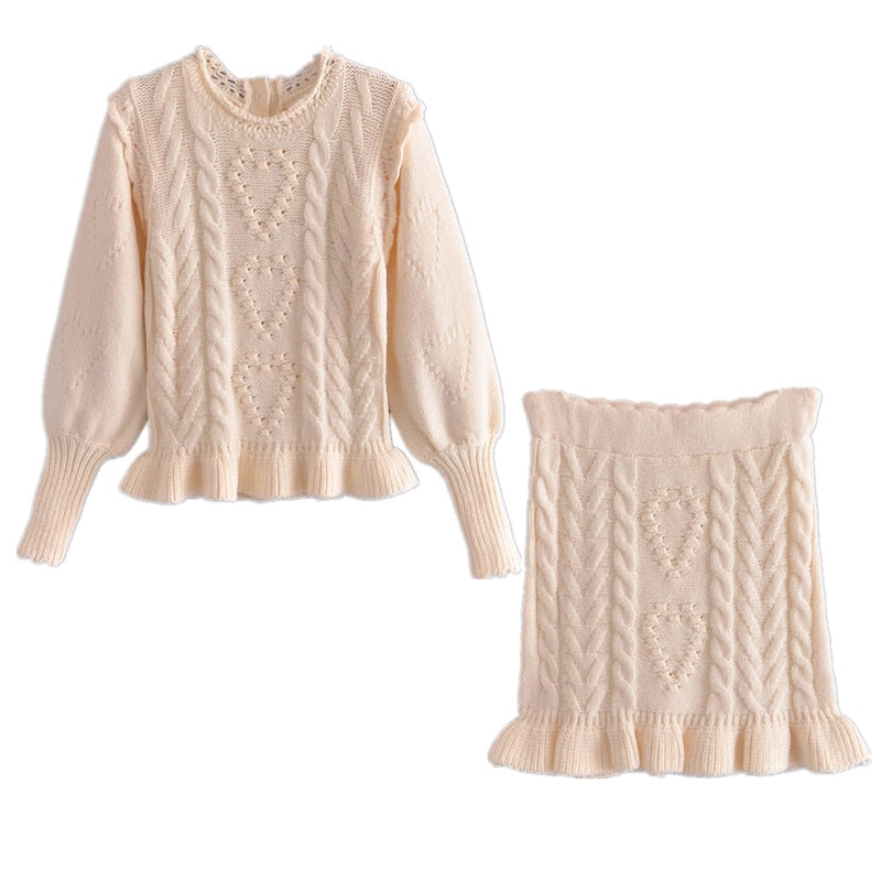 Knitted Twist Puff Long Sleeve Pullover Sweater with Ruffles Hem and High Waist Mini Skirt - Mammalook