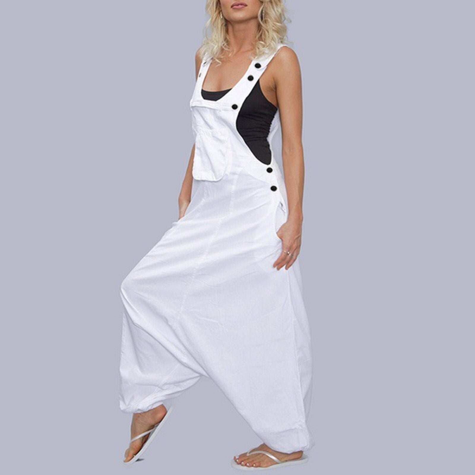 Womens Loose Jumpsuits Harem Pants Wide Leg Pants Sleeveless Pockets Bib Jumpsuit Siamese Trousers For Ladies Large Size S-2XL - Mammalook