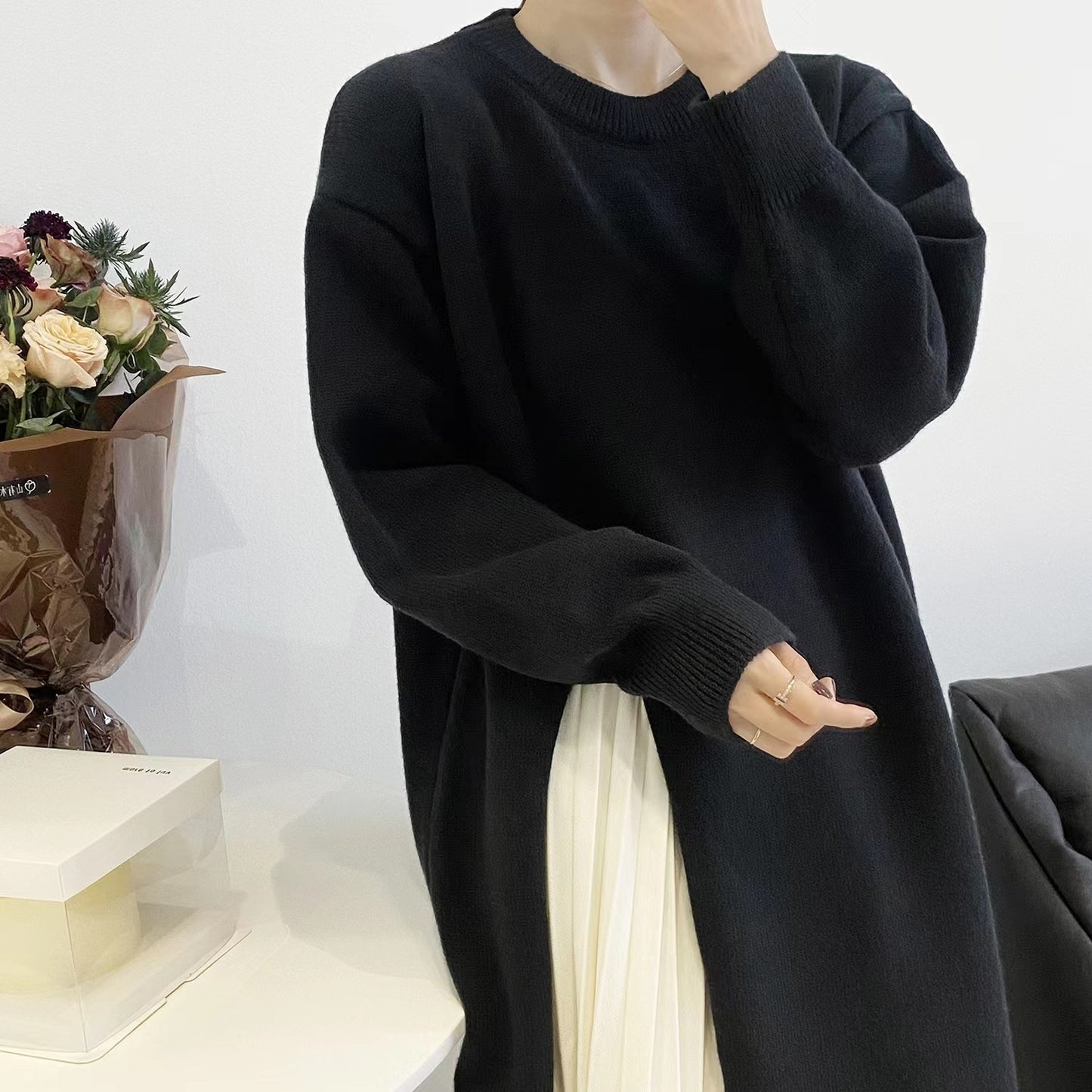 Women's Autumn New Dress O-neck Long Sleeve Loose Knitted Irregular High Split Pullover Sweater Dresses - Mammalook