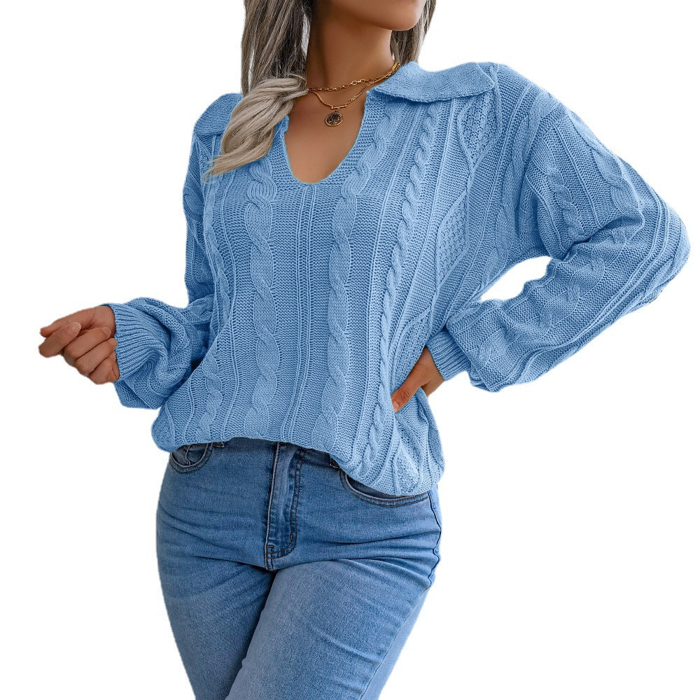Casual Lapel Knitting Sweater with Fried Dough Twist and Lantern Sleeves - Mammalook