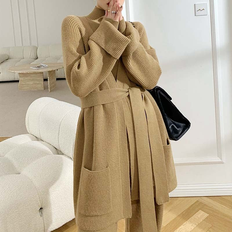 Thickened Sweater Coat – Women's New Knitting Cardigan + Wide Leg Pants Three-Piece Leisure Celebrity Fashion Suit - Mammalook