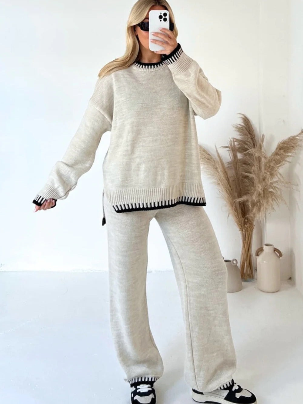 Fashionable solid color casual loose two piece set for women - Mammalook