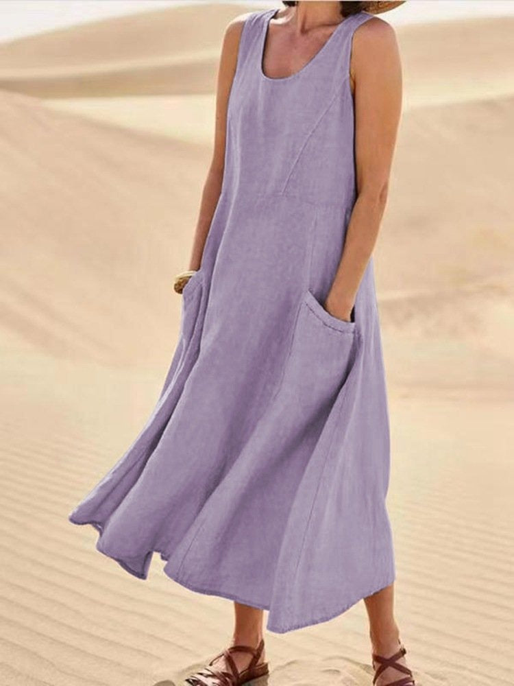Pocket sleeveless round neck women's cotton and linen dress - Mammalook