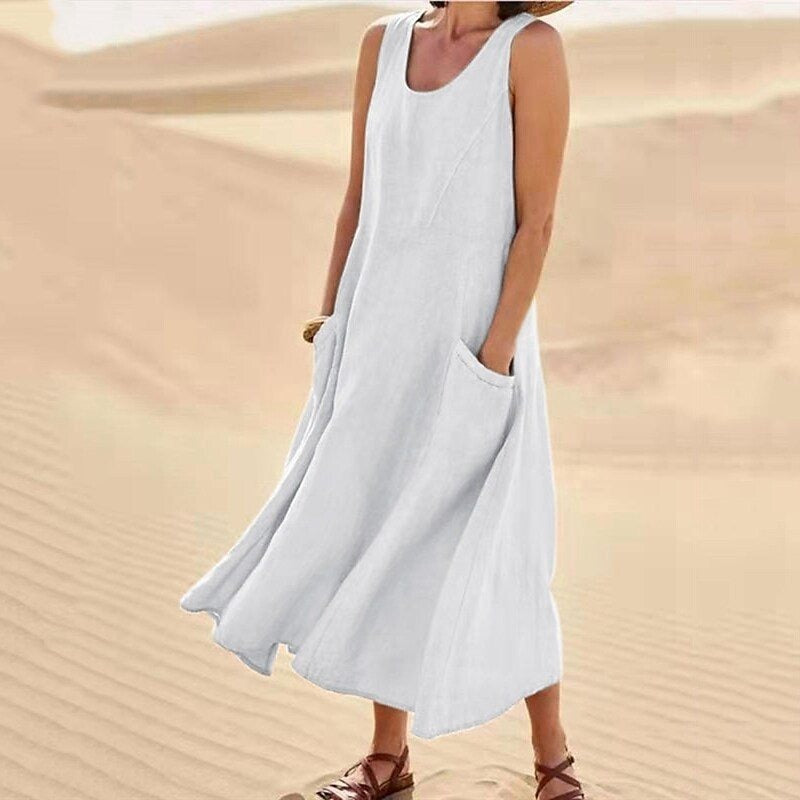 Pocket sleeveless round neck women's cotton and linen dress - Mammalook