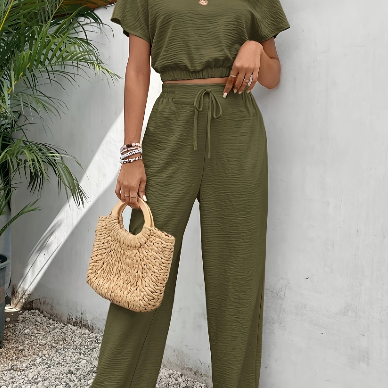 Solid Color Casual Pants Set, Crew Neck Short Sleeve Top & Tie Front Pants Outfits, Women's Clothing - Mammalook