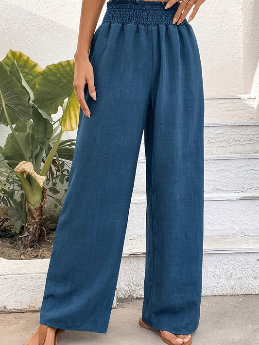 Solid Color Wide Leg Pants, Casual Shirred Loose Pants For Spring & Summer, Women's Clothing - Mammalook