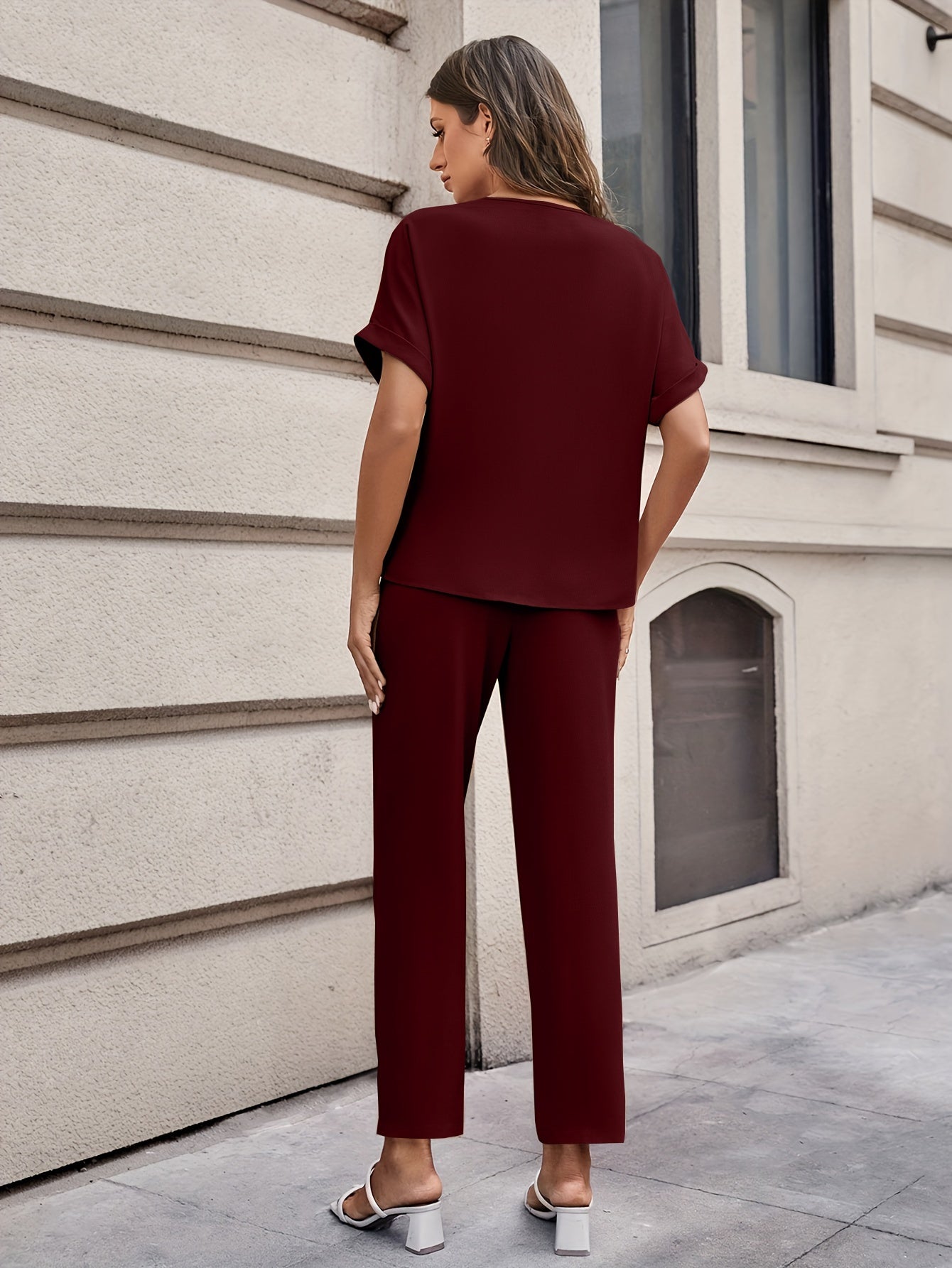 Elegant Solid Color Pants Set, Notched Neck Short Sleeve Blouse & Belted Straight Leg Simple Pants, Women's Clothing - Mammalook