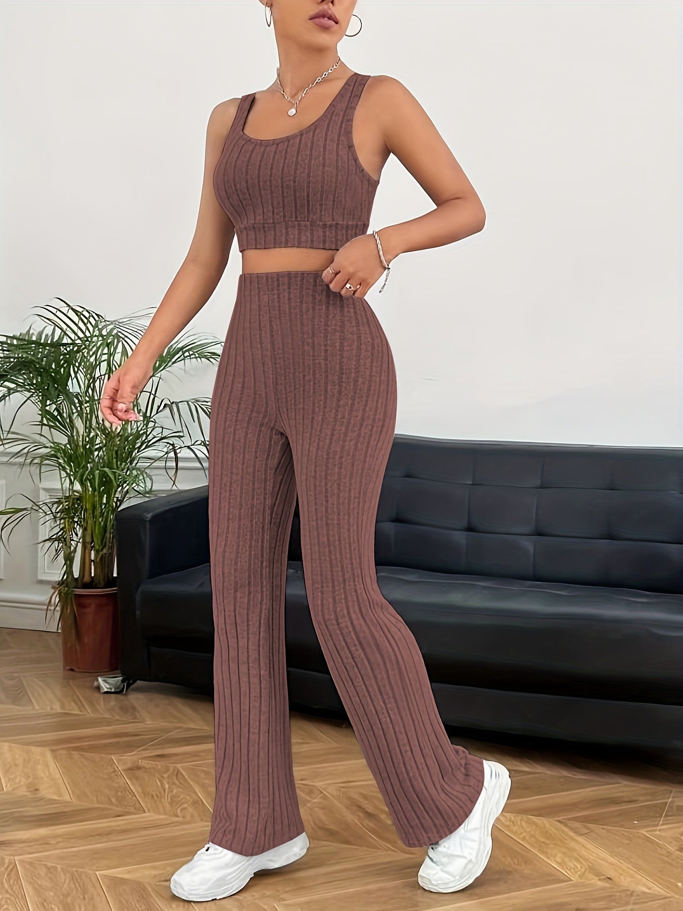 Ribbed Casual Two-piece Set, Crop Tank Top & High Waist Pants Outfits, Women's Clothing - Mammalook