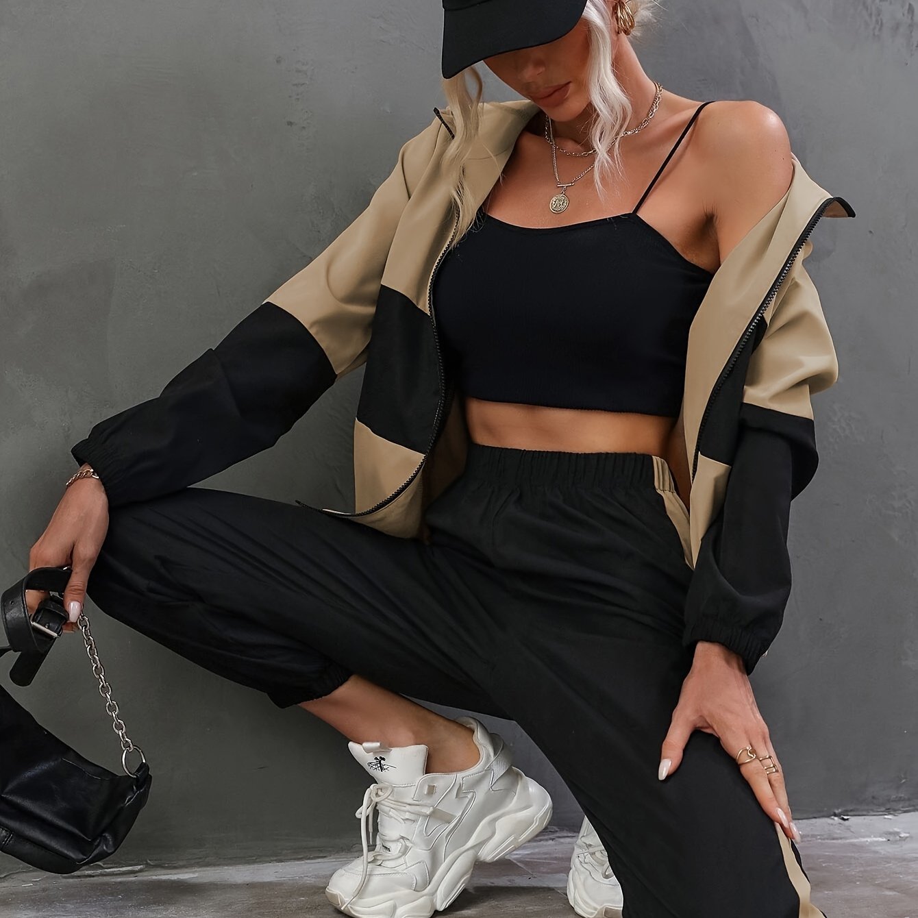 Color Block Stylish Set, Hooded Long Sleeve Zipped Jacket & Fitted Bottom Pants, Women's Clothing - Mammalook