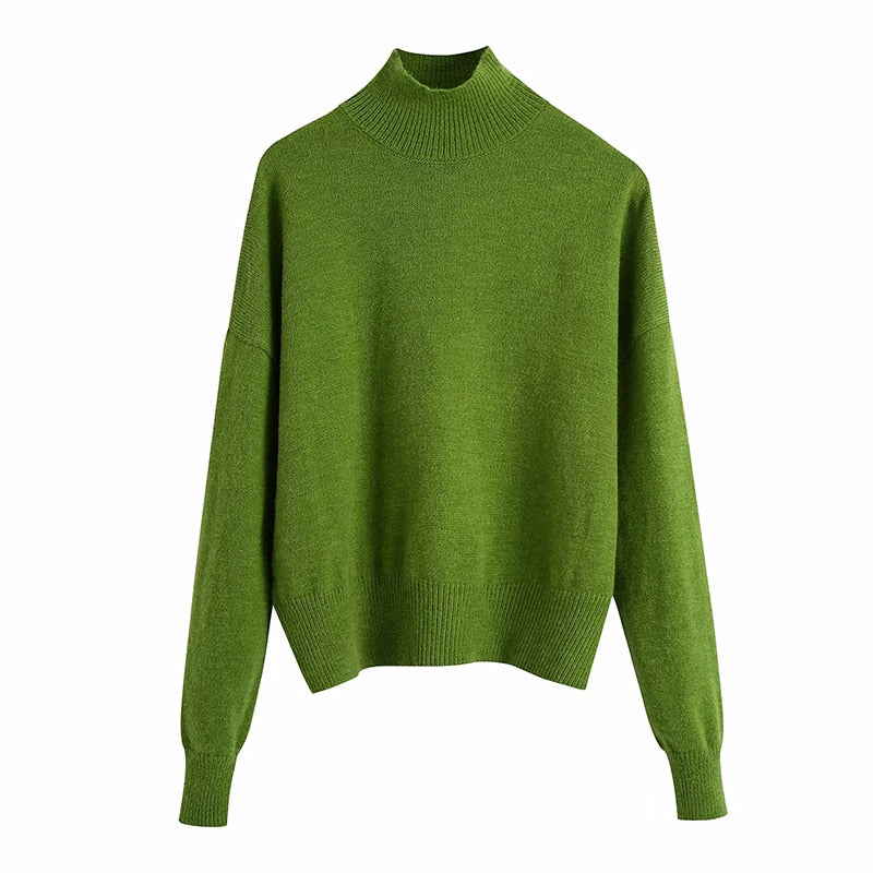Women Fashion Solid Knit Sweater Top Long Sleeves High Neck Vintage Female Knitted Sweaters Pullover Chic Tops - Mammalook