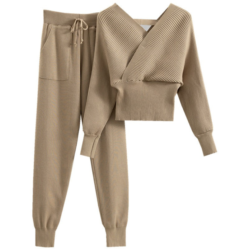 Double V-neck Sexy Off Shoulder Short Style Temperament Fashion Set Women's Spring Knit Two Piece Set - Mammalook