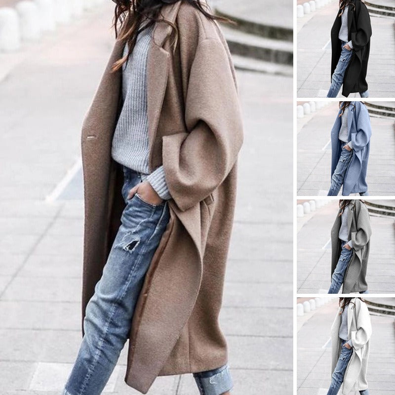 Women's Casual Long Solid Color Woollen Jacket - Mammalook
