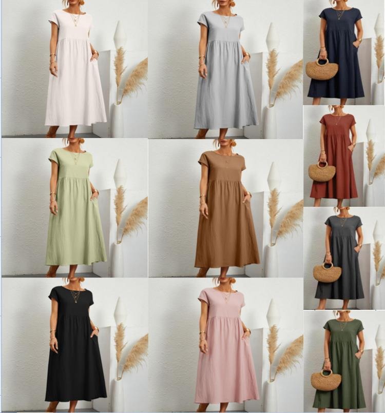 Solid color sleeveless loose pocket cotton linen dress - Mammalook