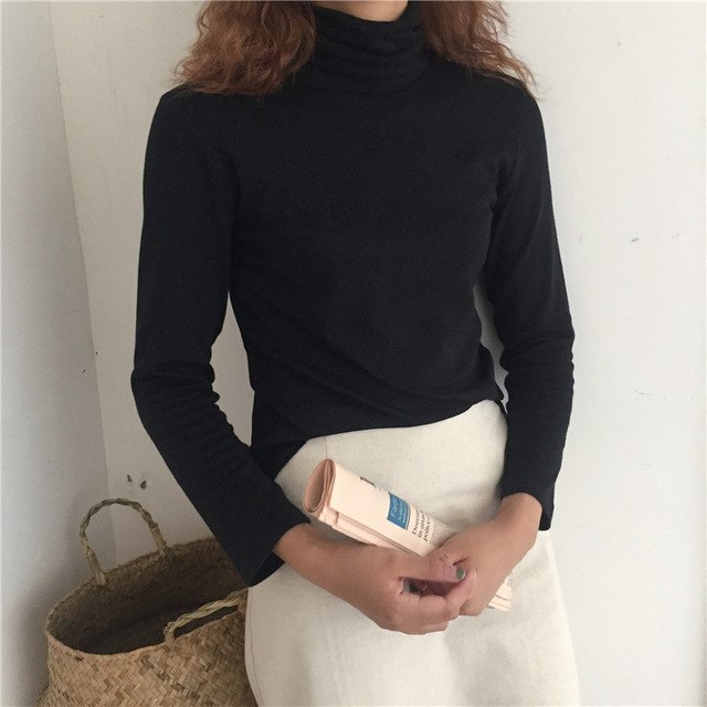 T-shirts Women Turtleneck Retro Chic Long Sleeve All-match Simple Student Daily Solid Sweet Womens Tshirt Korean Style Girls - Mammalook