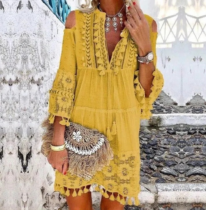 Boho Lace Tassel V-Neck Dress