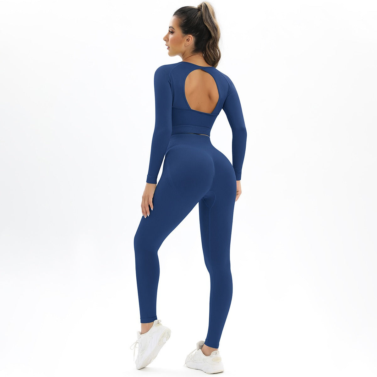 Peach Seamless Knitting Backless High Elastic Long Sleeve Yoga Suit Sports Running Fitness Two-Piece Set For Women - Mammalook