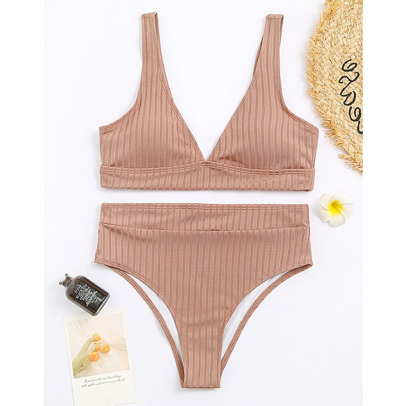 Peachtan Sexy solid ribbed bikinis 2021 mujer High waist swimsuit women V neck swimwear female Sport bathing suit Stripe biquini - Mammalook