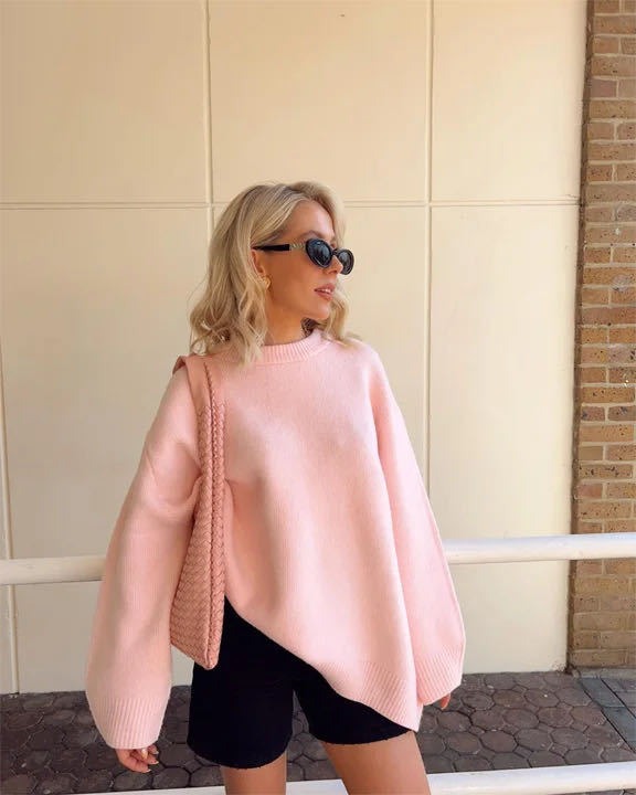 Round Neck Barbie Pink Loose Casual Pullover Sweater - Mammalook
