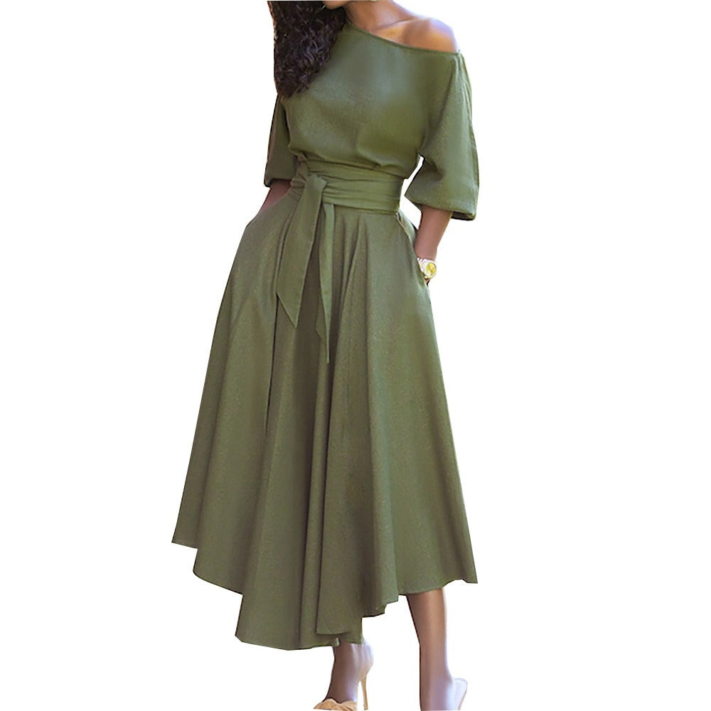 Fashionable solid color waistband slimming and sexy diagonal shoulder dress - Mammalook