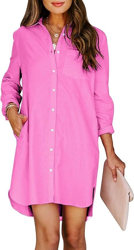 Women's button up shirt dress with pockets, cotton button up waist tied long sleeved solid color high and low shirt - Mammalook
