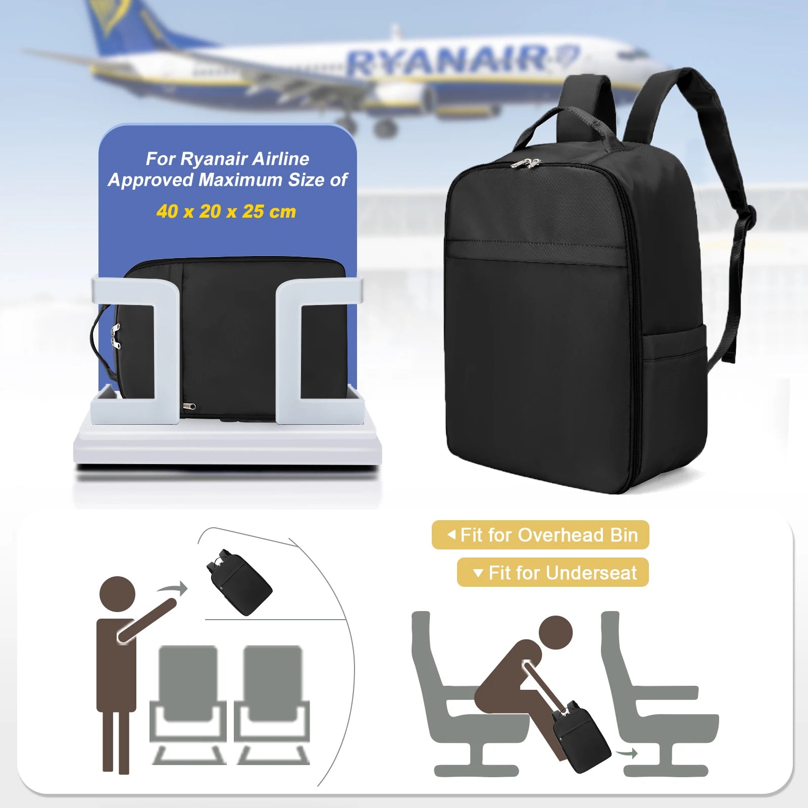 Ryanair Backpack 40x20x25 Cabin Bag, Hand Luggage Travel Backpack for Easyjet Cabin Bag 45x36x20, Laptop Backpack for Women/Men - Mammalook