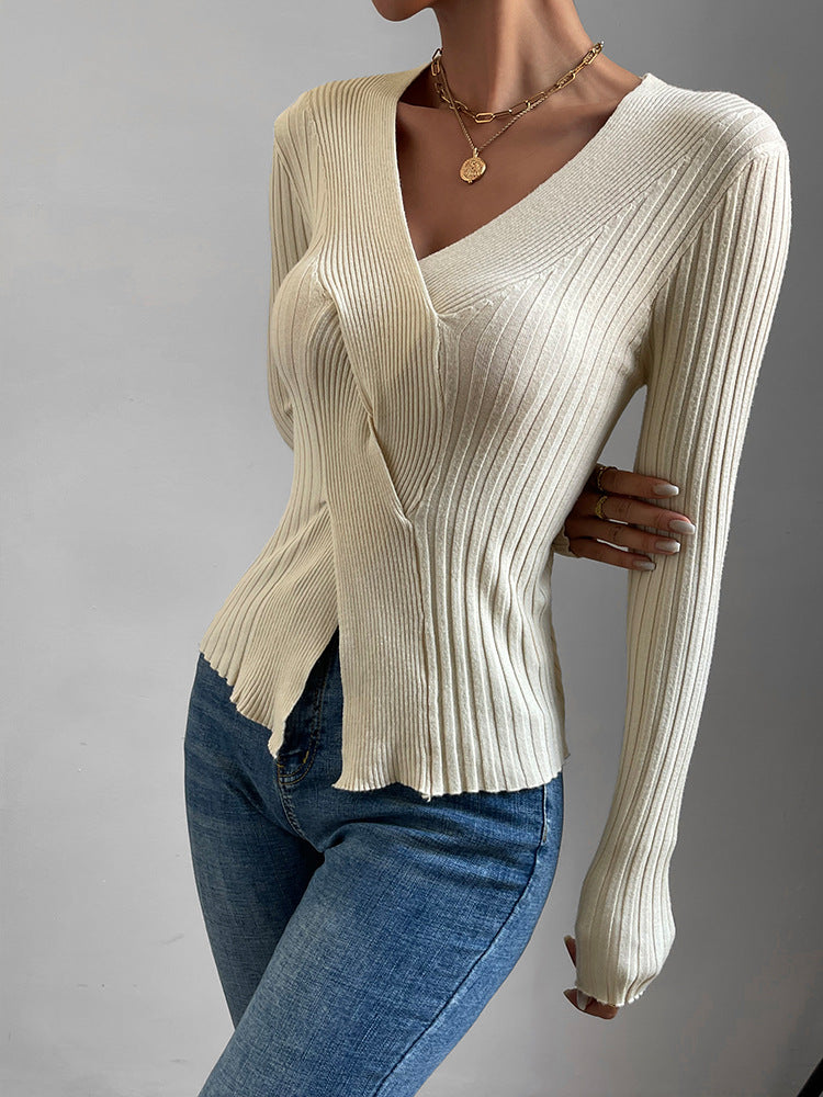 Autumn Women's Sweaters V-neck Cross Knot Long Sleeve Top Slim Fit Comfortable Split Solid Color Knitwear - Mammalook