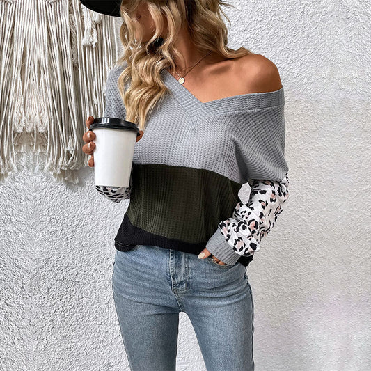 New Casual Fashion Top Long Sleeve V-Neck Leopard Print Contrast Knit Sweater - Mammalook
