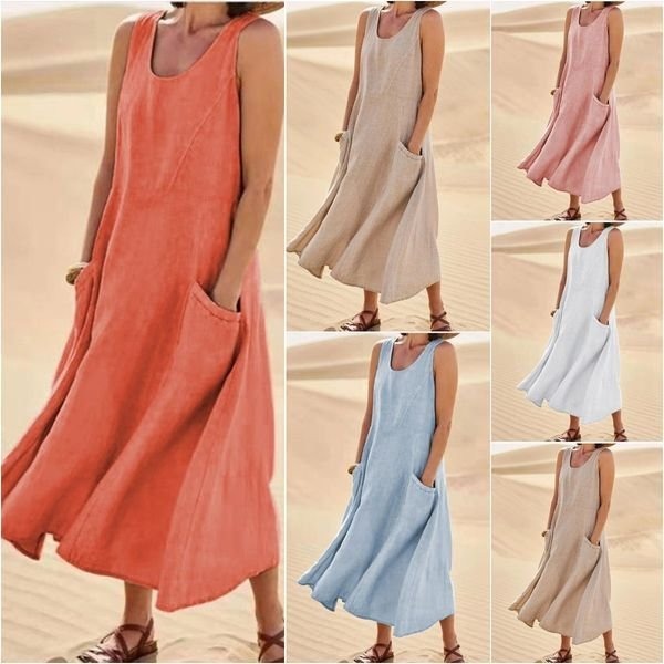 Pocket sleeveless round neck women's cotton and linen dress - Mammalook