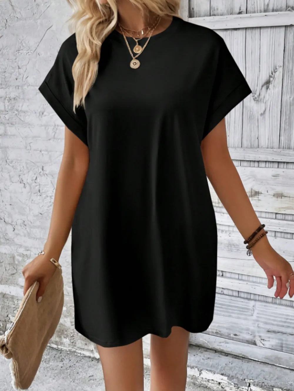Women's outer round neck pocket short sleeved dress