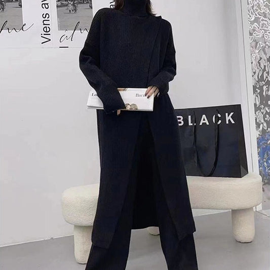 Blue Slit Long Knitting Dress Women Big Size New Turtleneck Long Sleeve Loose Fit Fashion - Mammalook
