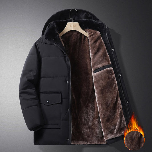 Men’s Winter Hooded Coat – Thickened Warm Cotton, Windproof & Business Casual