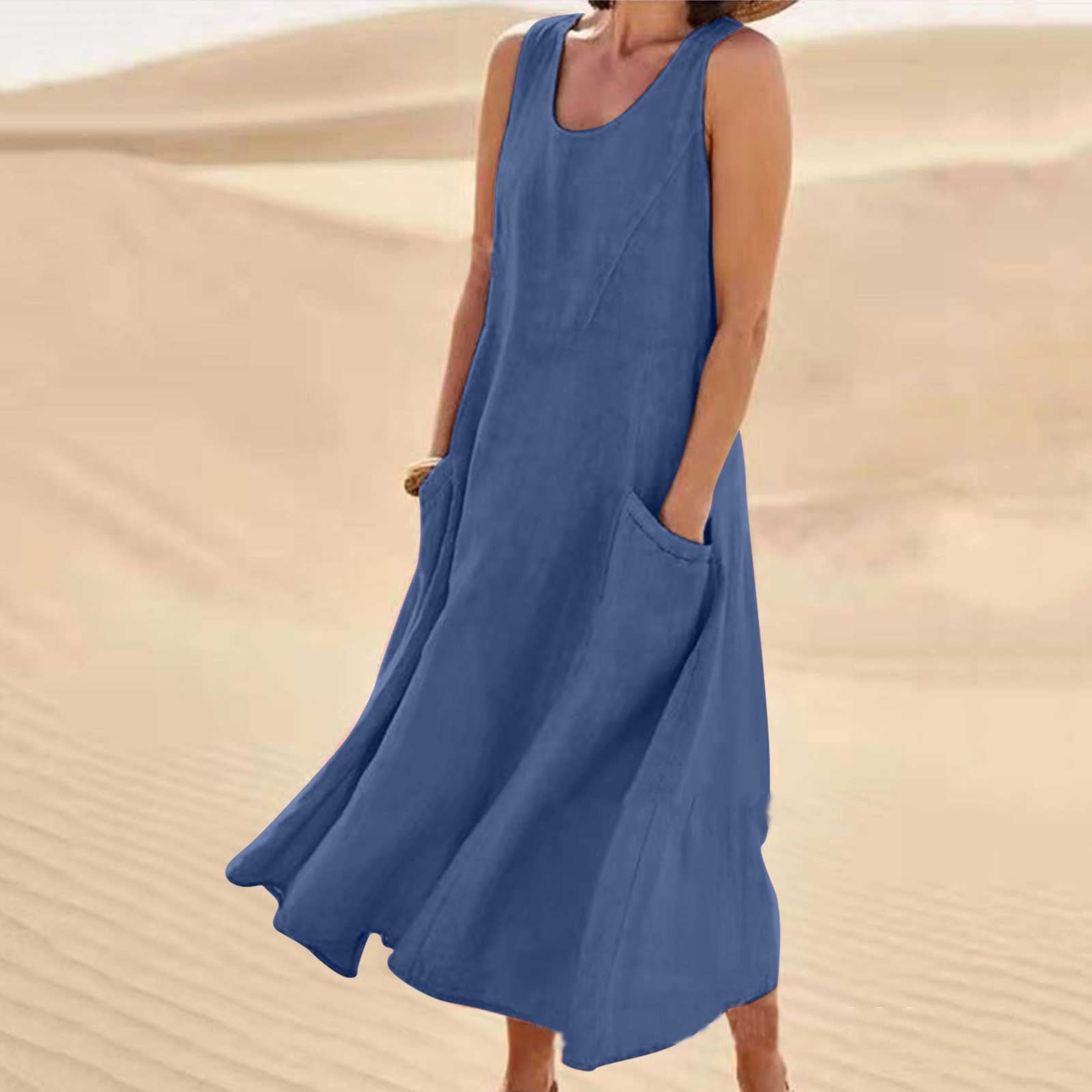 Pocket sleeveless round neck women's cotton and linen dress - Mammalook