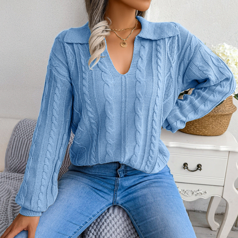 Casual Lapel Knitting Sweater with Fried Dough Twist and Lantern Sleeves - Mammalook