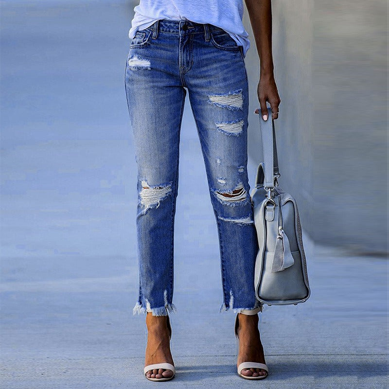 New Pencil Pants Ripped Slim Fit High Waist Vintage Streetwear Casual Fashion Stretch Blue Jeans Woman - Mammalook
