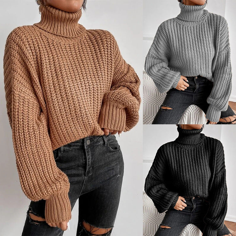 Fall Shoulder Long Sleeve Knitted Turtleneck Sweater for Women - Mammalook