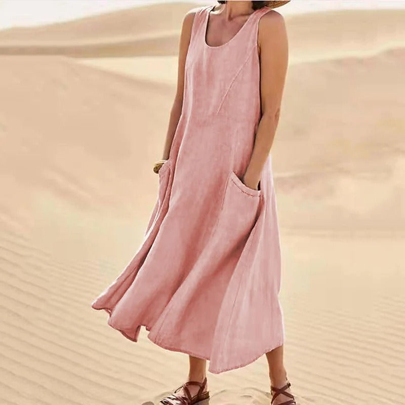 Pocket sleeveless round neck women's cotton and linen dress - Mammalook