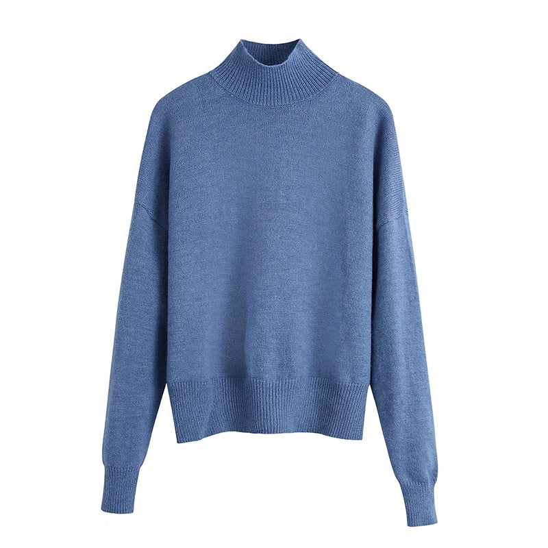 Women Fashion Solid Knit Sweater Top Long Sleeves High Neck Vintage Female Knitted Sweaters Pullover Chic Tops - Mammalook