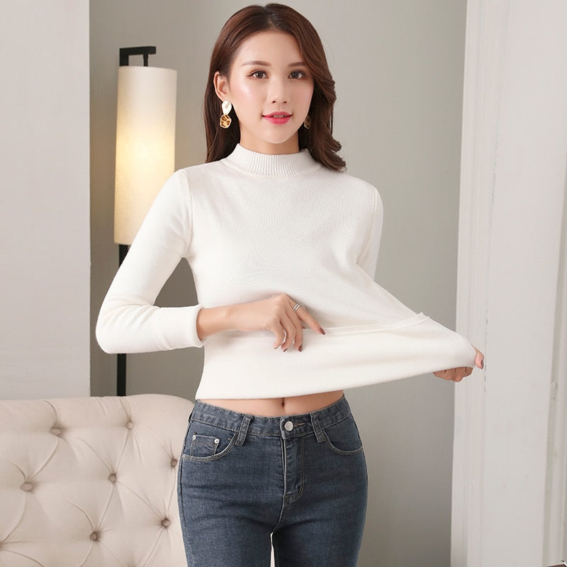 Women Thick Warm Sweaters Thermal Underwear Long Johns Solid O-neck Velvet Jumper Sweaters For Women Winter - Mammalook