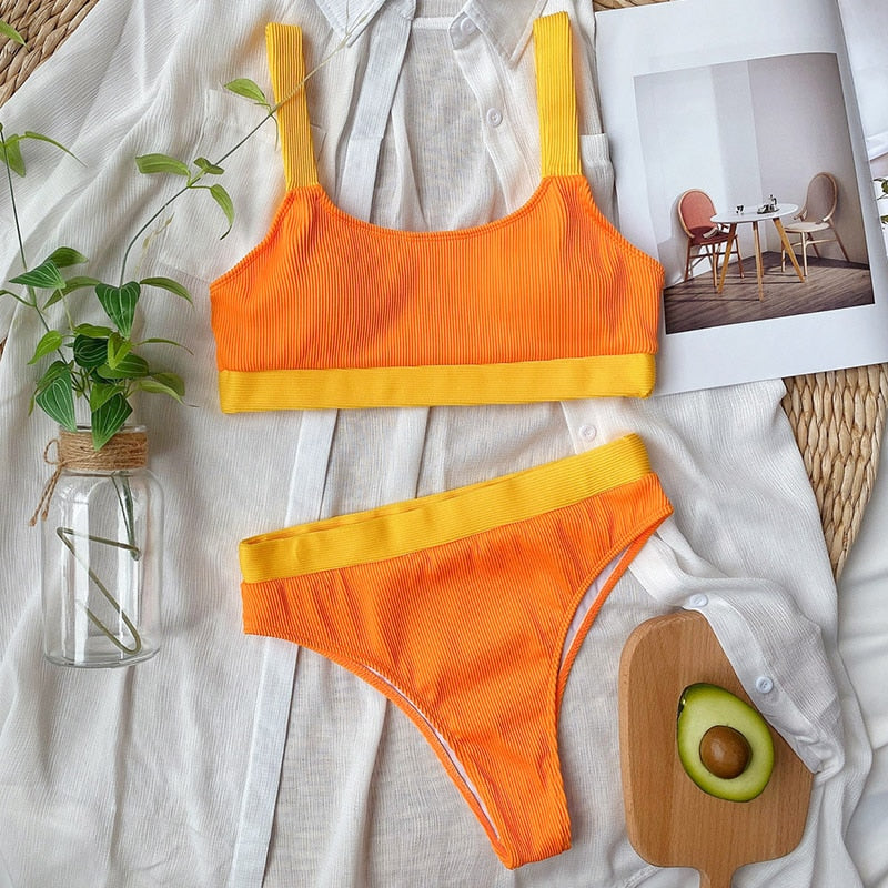 High Waist Bikinis Swimsuits Bandeau Swimwear Women Splicing Biquini Beachwear Sports Ribbed Bathing Suits New - Mammalook
