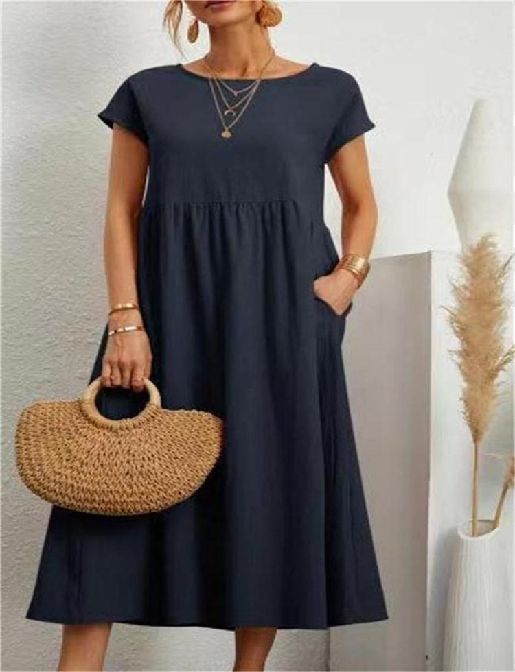 Solid color sleeveless loose pocket cotton linen dress - Mammalook