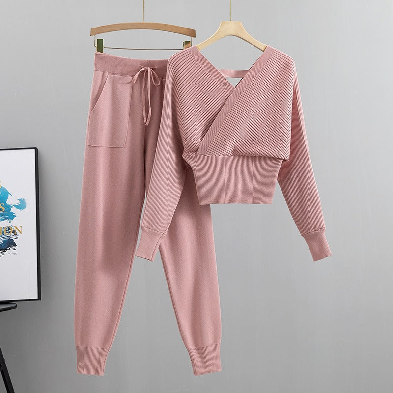 Double V-neck Sexy Off Shoulder Short Style Temperament Fashion Set Women's Spring Knit Two Piece Set - Mammalook