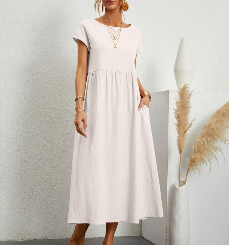 Solid color sleeveless loose pocket cotton linen dress - Mammalook