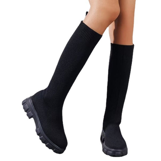 Large size woven mid length socks and boots for women in autumn and winter, European and American fashion new round toe thick heel woolen boots - Mammalook