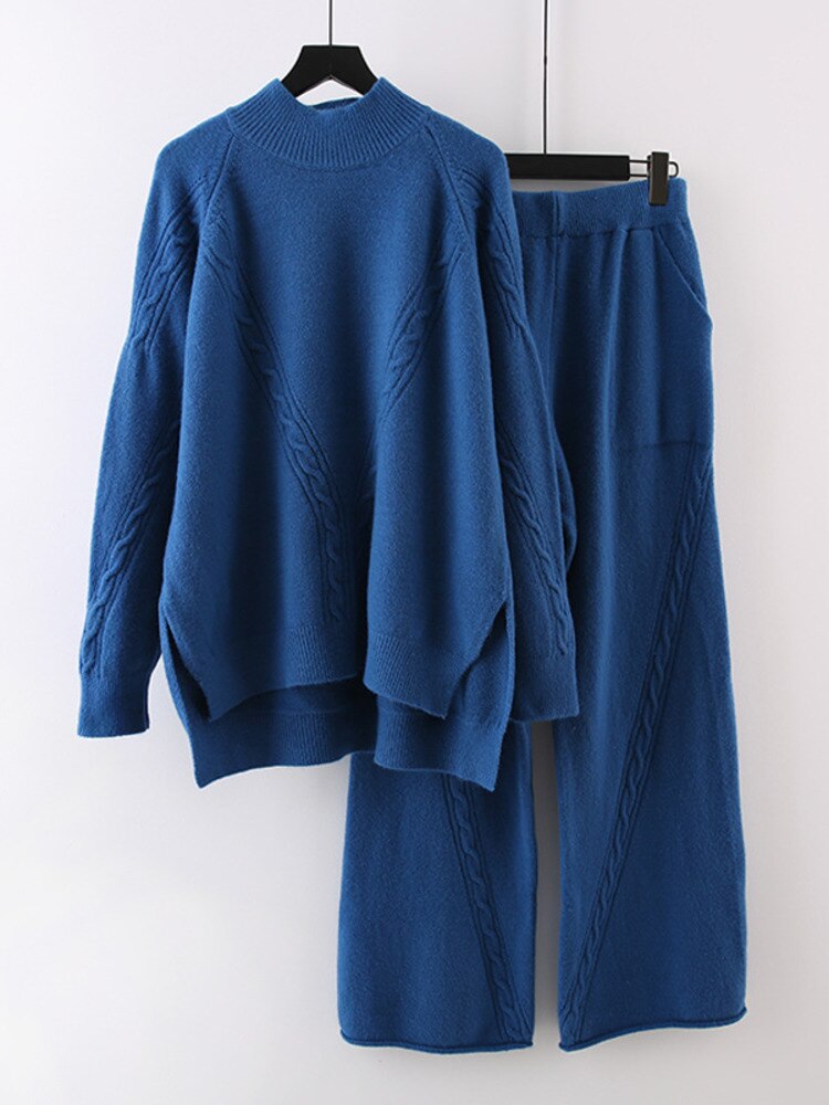 Woman Knitted Suit Hemp Pattern Irregular Thick Pullover Sweater Wide Leg Pants Casual Style New Autumn Fashion - Mammalook