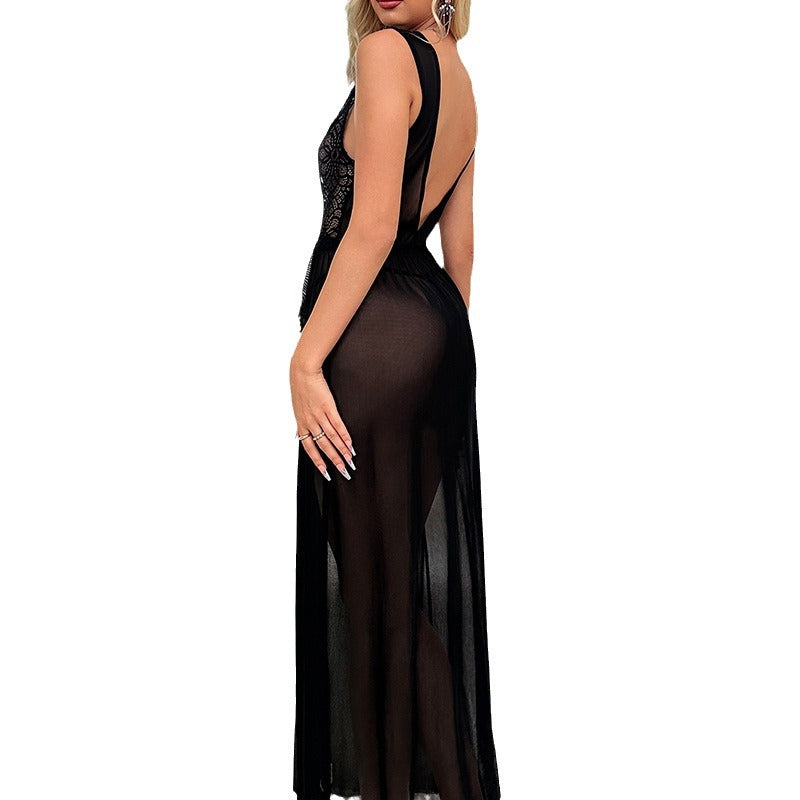 Sexy lingerie women's deep V-slit lace patchwork suspender long skirt set - Mammalook