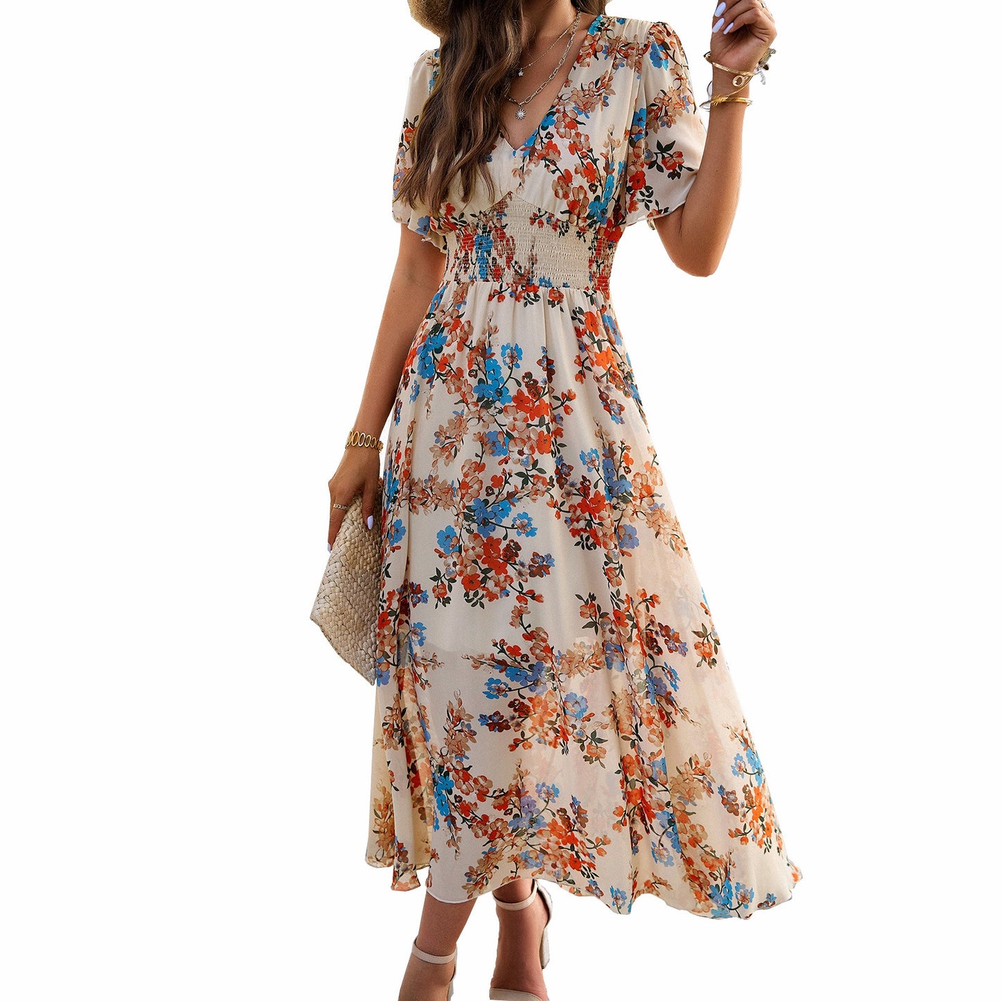 Women's spring/summer style print waist short sleeve dress - Mammalook