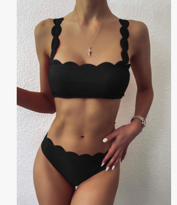 Swimsuits Scalloped Edge Swimwear Women Black Bandeau Bathing Suit Women Solid Biquini Beach Wear - Mammalook
